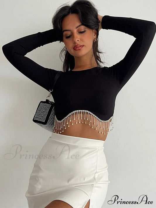 Rhinestone Tassel Crewneck Elegant Long Sleeve T-Shirt Crop Top