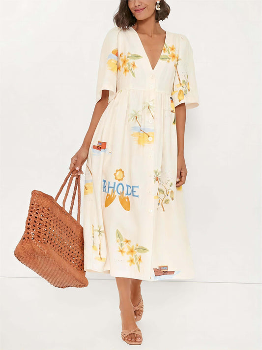 Unique Holiday Folk Floral Graceful Print Puff Sleeve Midi Dress