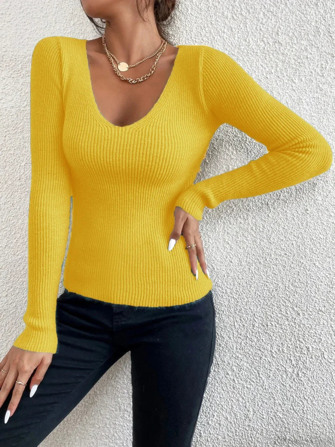Rib Knit V-Neck Stripe Pullover Sweater Knit Top Dark Yellow / S knittop-250126