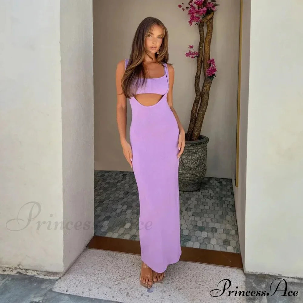 Ribbed Bandeau Deep Neck Graceful Layered Strap Long Dress