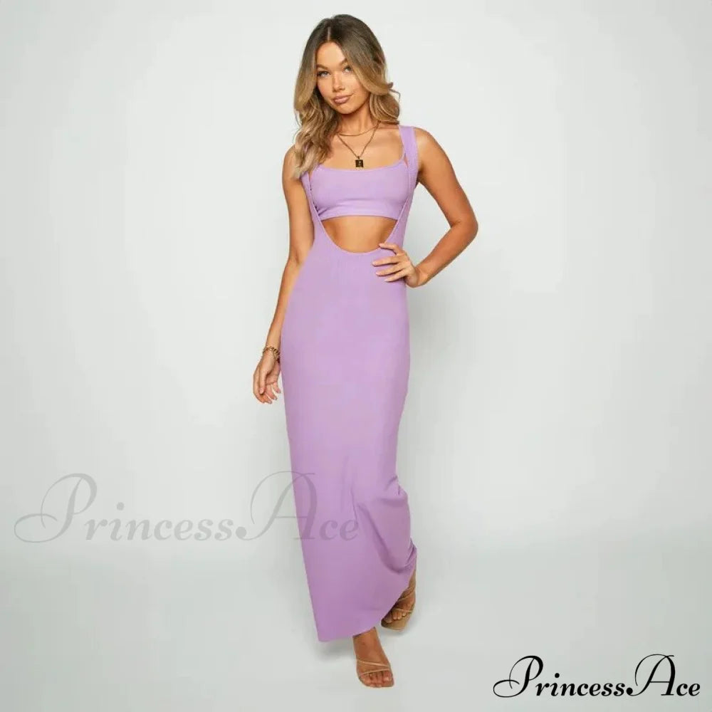 Ribbed Bandeau Deep Neck Graceful Layered Strap Long Dress