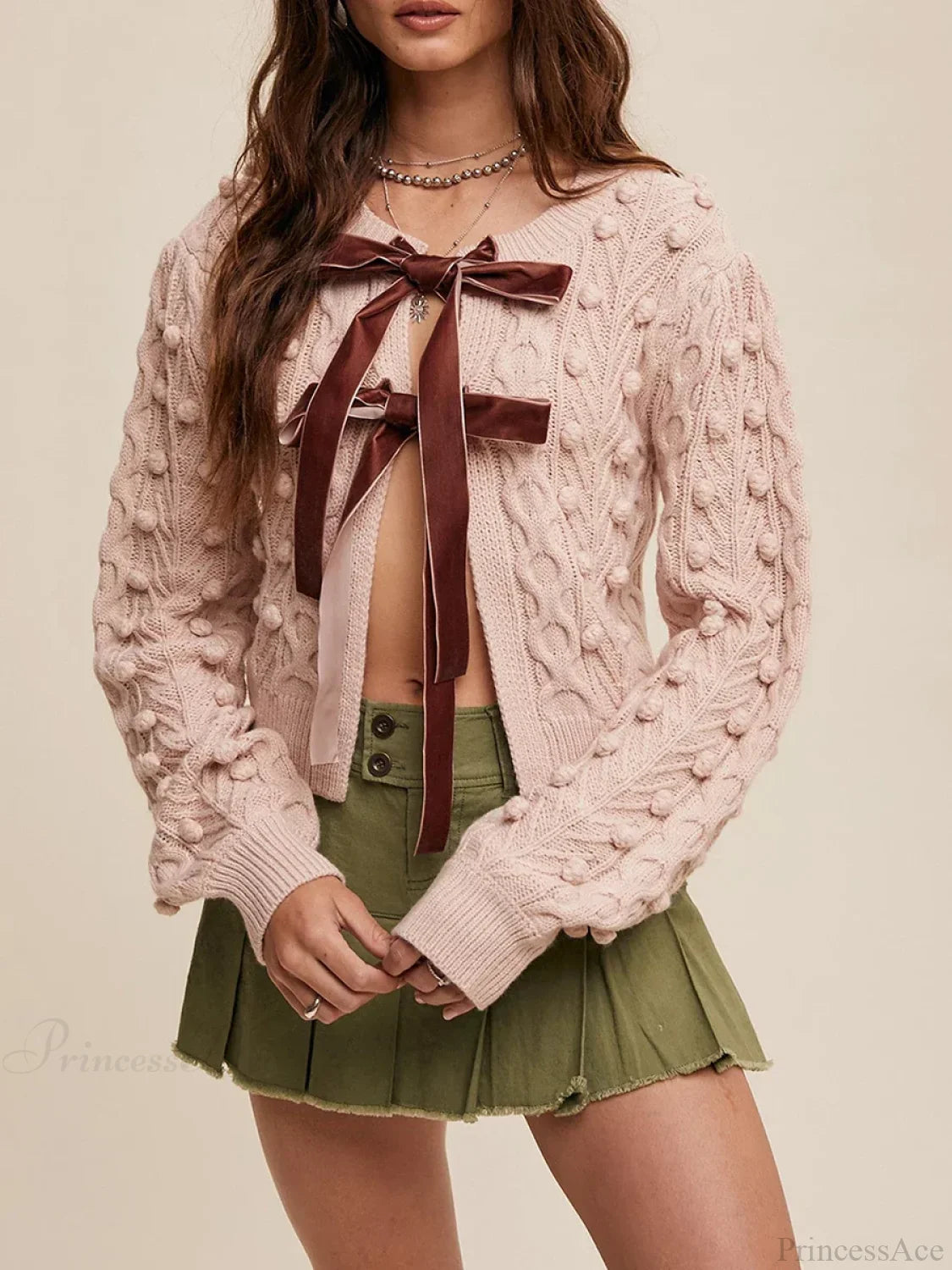 Ribbed Bow Tie Cable Knit Cardigan pink / S