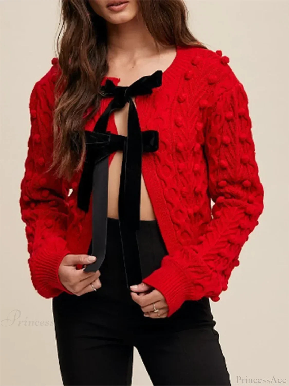Ribbed Bow Tie Cable Knit Cardigan red / S