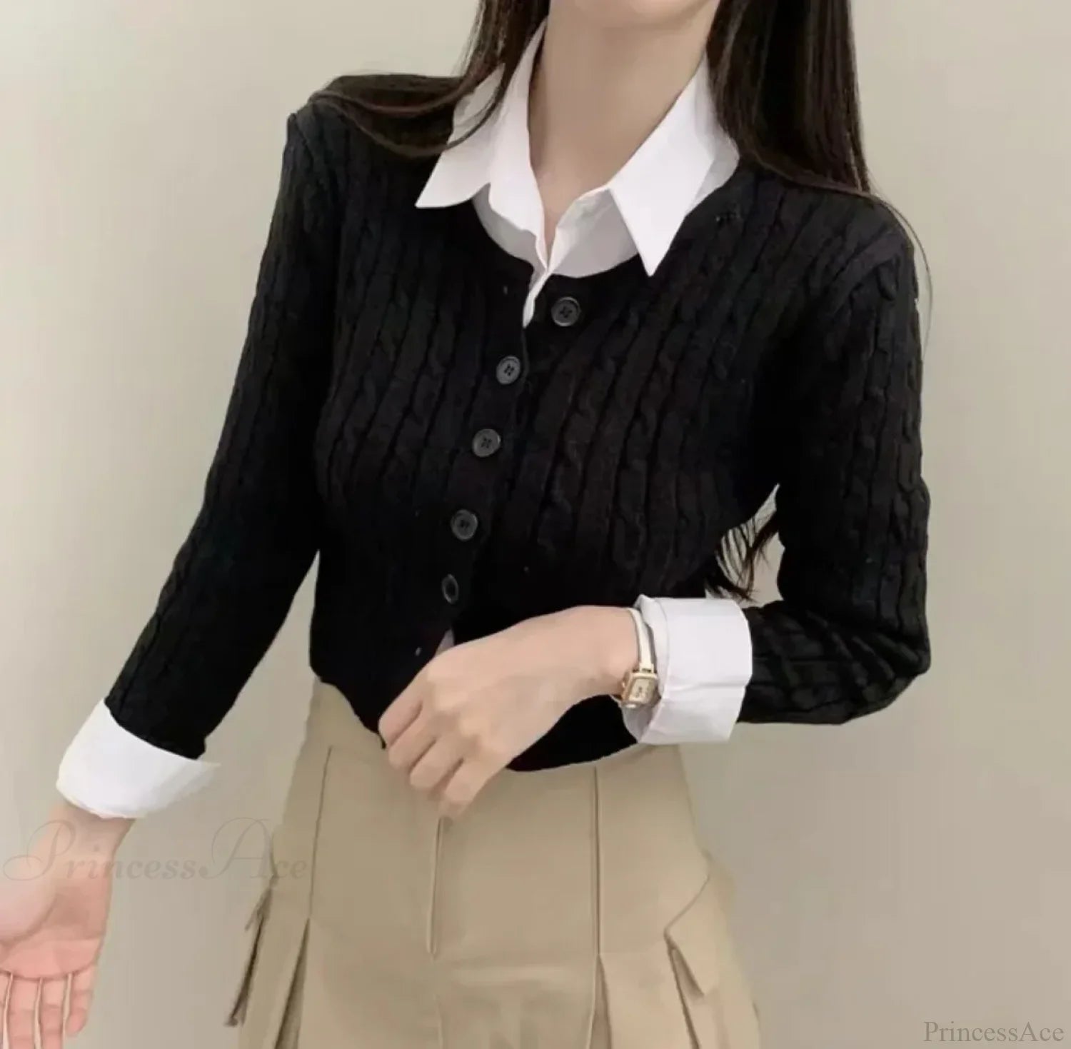 Ribbed Cable Knit Slim Fit Button-Up Cropped Cardigan Black / One Size cardiagn-250126