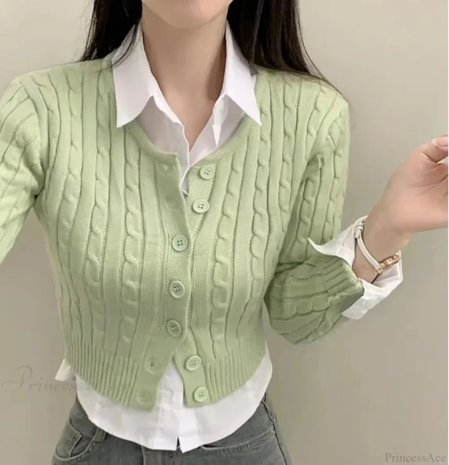 Ribbed Cable Knit Slim Fit Button-Up Cropped Cardigan Green / One Size cardiagn-250126