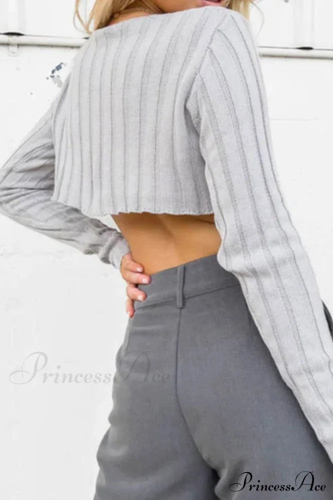 Ribbed Cropped Neck Crew Sweater Grey / L Sweaters-L