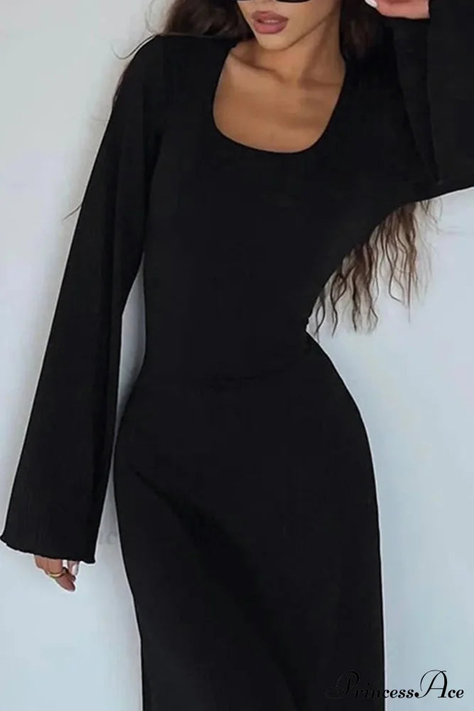 Ribbed Flares Sleeve Dress With Tie-Back Black / L Midi Dresses