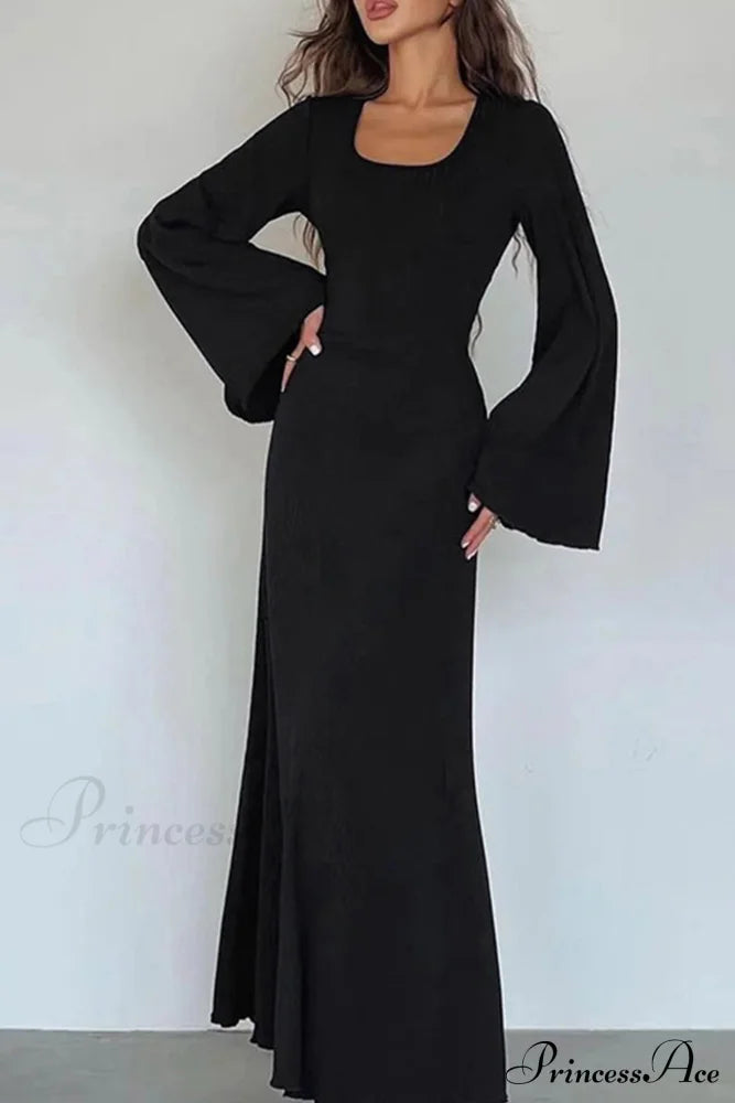 Ribbed Flares Sleeve Dress With Tie-Back Black / S Midi Dresses