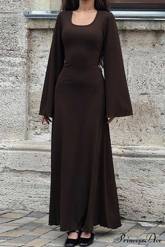 Ribbed Flares Sleeve Dress With Tie-Back Brown / M Midi Dresses