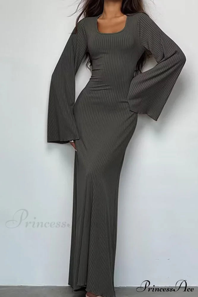 Ribbed Flares Sleeve Dress With Tie-Back Grey / L Midi Dresses