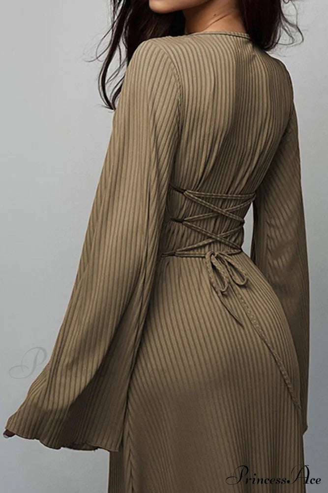 Ribbed Flares Sleeve Dress With Tie-Back Khaki / M Midi Dresses