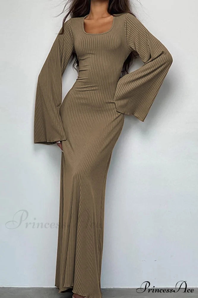 Ribbed Flares Sleeve Dress With Tie-Back Khaki / S Midi Dresses