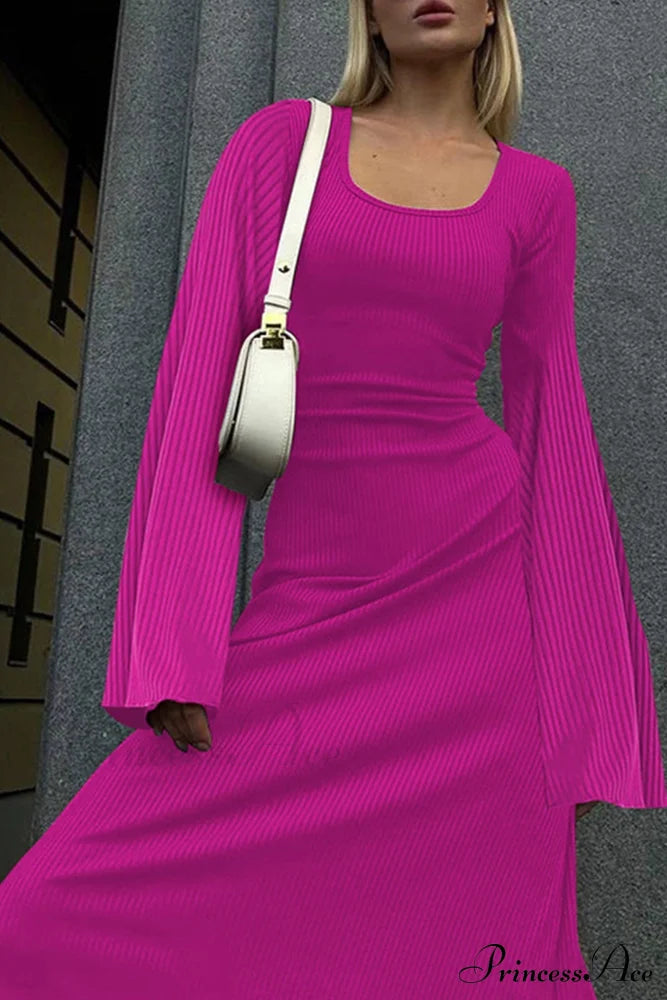 Ribbed Flares Sleeve Dress With Tie-Back Midi Dresses