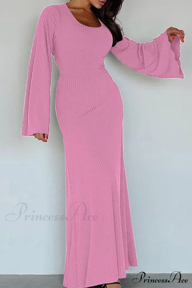 Ribbed Flares Sleeve Dress With Tie-Back Pink / M Midi Dresses