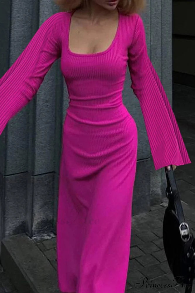 Ribbed Flares Sleeve Dress With Tie-Back Rose / S Midi Dresses