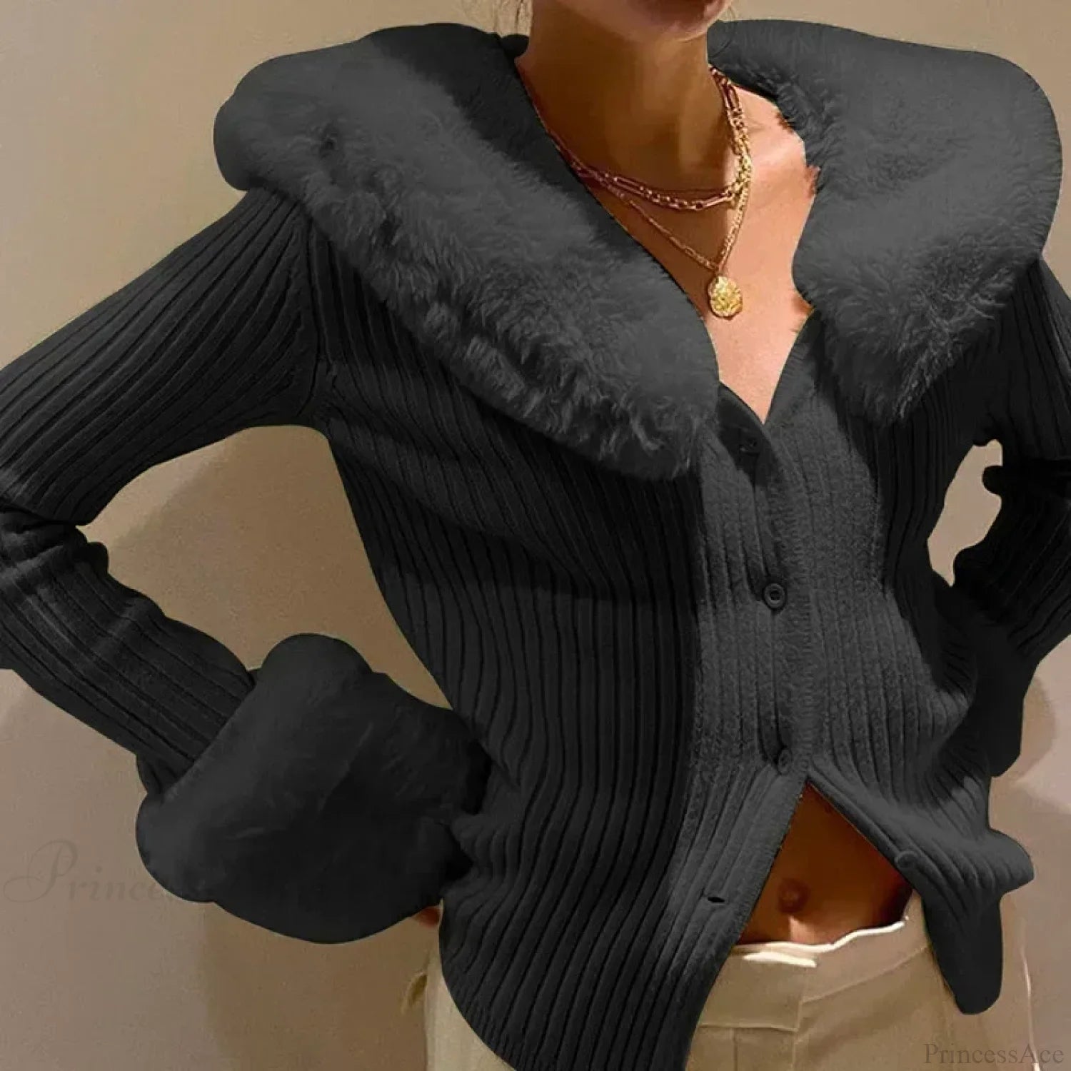 Ribbed Fur Trim Slim Knitted Cardigan Black / S