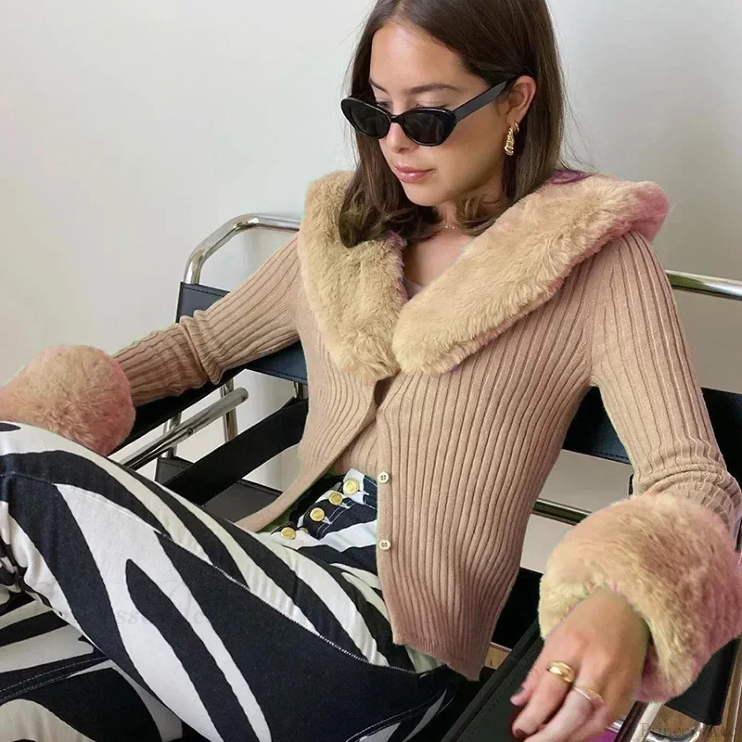 Ribbed Fur Trim Slim Knitted Cardigan Khaki / S