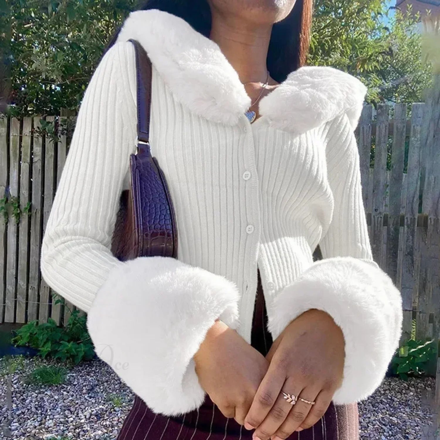 Ribbed Fur Trim Slim Knitted Cardigan White / S