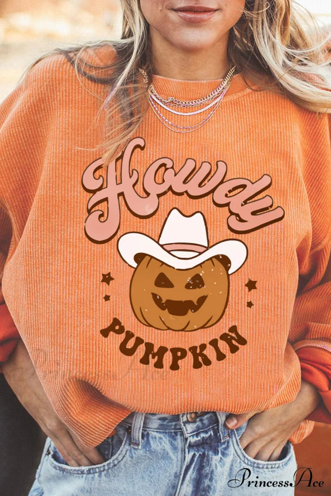 Ribbed Graphic Pumpkin Sweatshirt Women’s Clothing