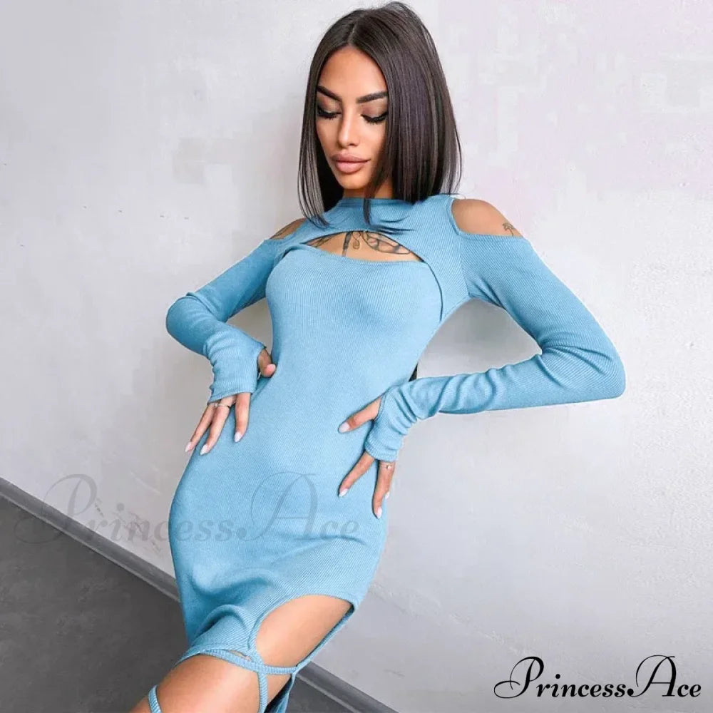 Ribbed Hollow Long Sleeve Off Shoulder Tie Up Party Clubwear Midi Dress