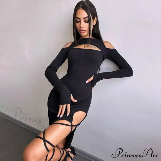 Ribbed Hollow Long Sleeve Off Shoulder Tie Up Party Clubwear Midi Dress Black / S