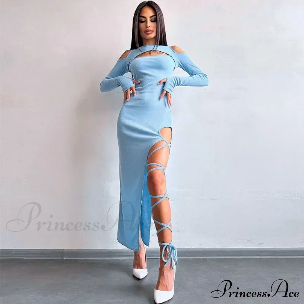 Ribbed Hollow Long Sleeve Off Shoulder Tie Up Party Clubwear Midi Dress Blue / S