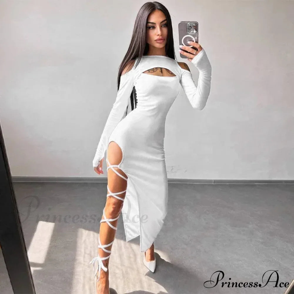 Ribbed Hollow Long Sleeve Off Shoulder Tie Up Party Clubwear Midi Dress White / S