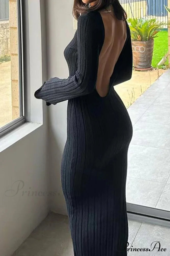 Ribbed Knit Dress With Long Flare Sleeves And Backless Design Black / M Midi Dresses