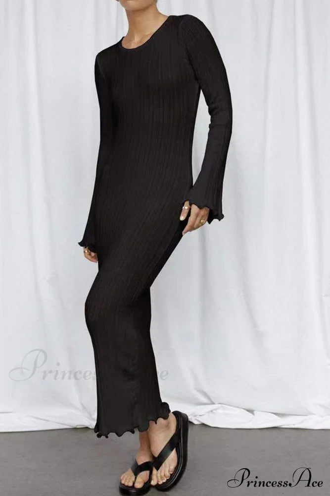 Ribbed Knit Dress With Long Flare Sleeves And Backless Design Black / S Midi Dresses