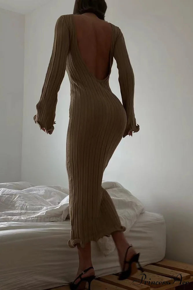 Ribbed Knit Dress With Long Flare Sleeves And Backless Design Khaki / L Midi Dresses