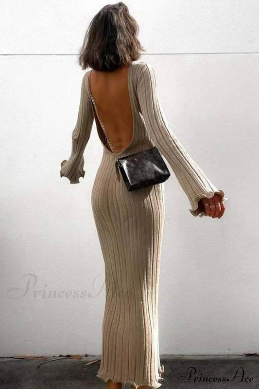 Ribbed Knit Dress With Long Flare Sleeves And Backless Design Khaki / M Midi Dresses