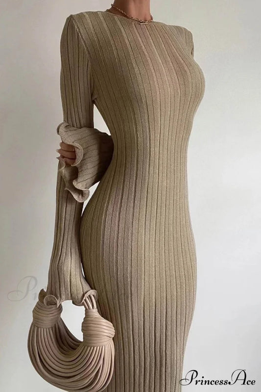 Ribbed Knit Dress With Long Flare Sleeves And Backless Design Khaki / S Midi Dresses