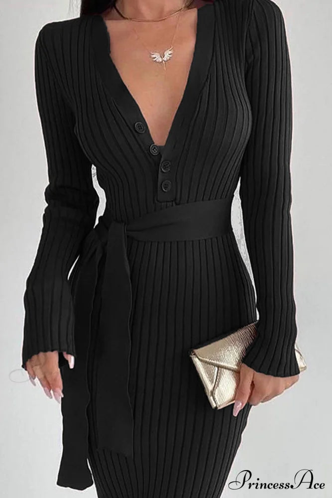 Ribbed Knit Dress With Tie-Waist Black / L Midi Dresses