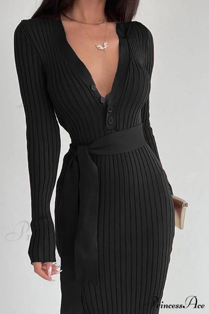 Ribbed Knit Dress With Tie-Waist Black / M Midi Dresses