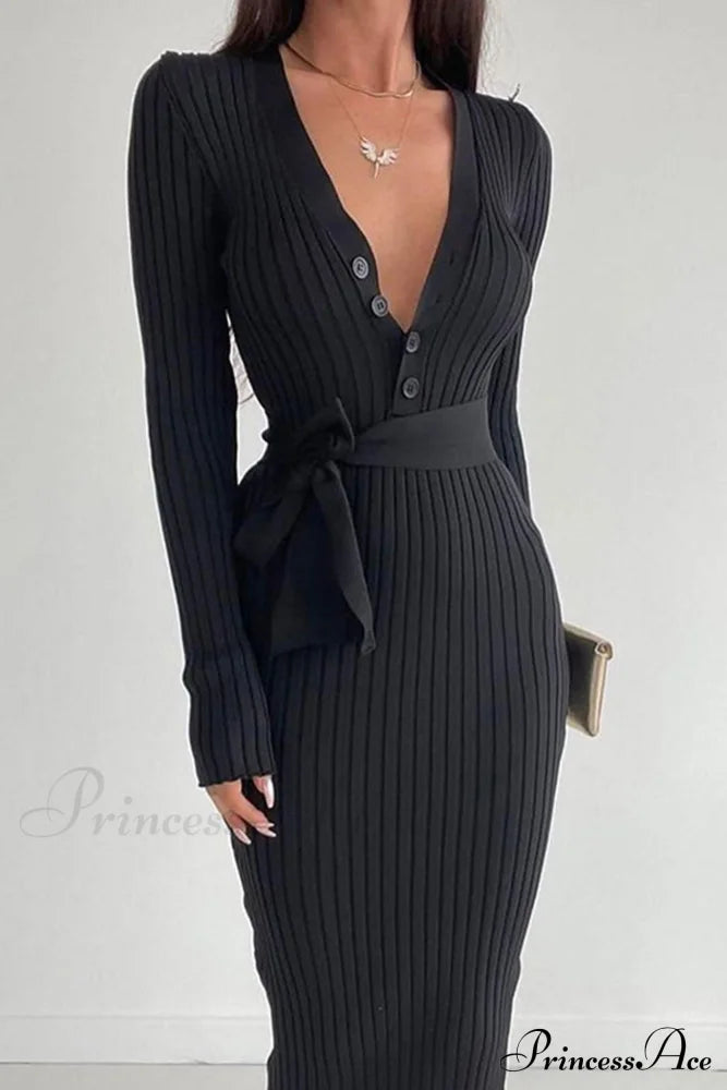 Ribbed Knit Dress With Tie-Waist Midi Dresses