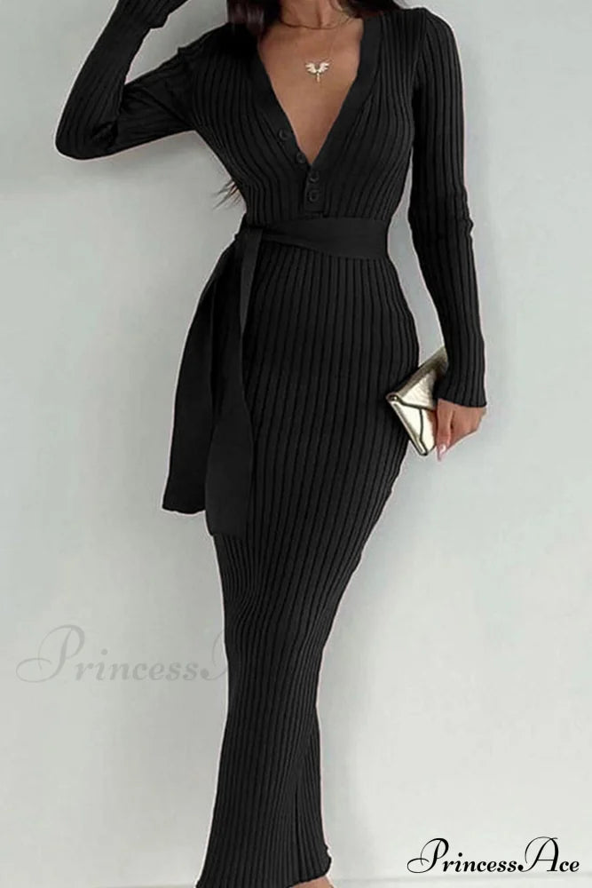 Ribbed Knit Dress With Tie-Waist Midi Dresses