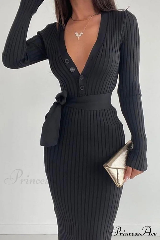 Ribbed Knit Dress With Tie-Waist Midi Dresses