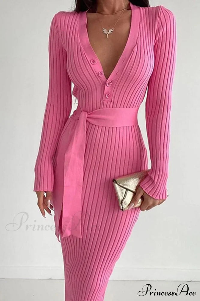 Ribbed Knit Dress With Tie-Waist Pink / L Midi Dresses