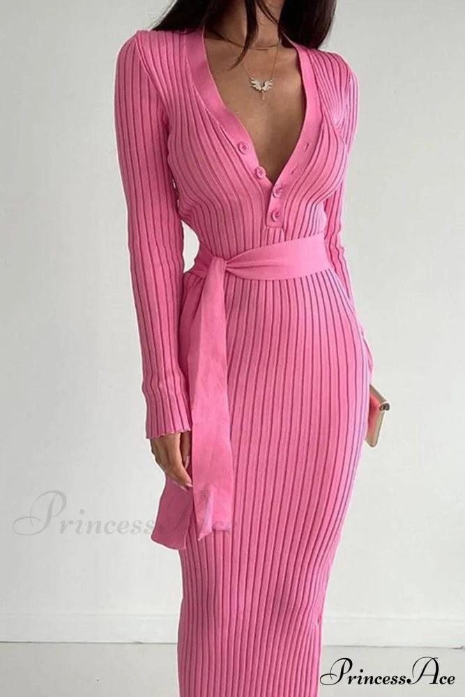 Ribbed Knit Dress With Tie-Waist Pink / M Midi Dresses