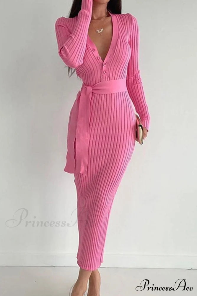 Ribbed Knit Dress With Tie-Waist Pink / S Midi Dresses