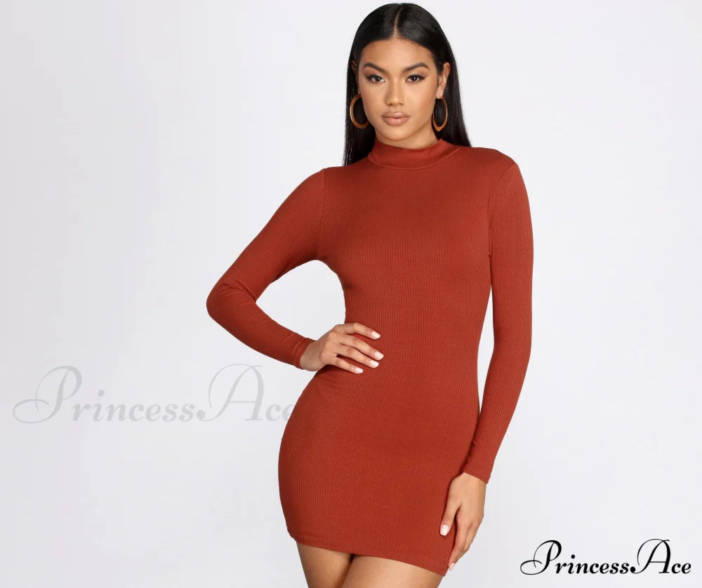 Ribbed Knit Mock Neck Mini Dress - Lady Occasions