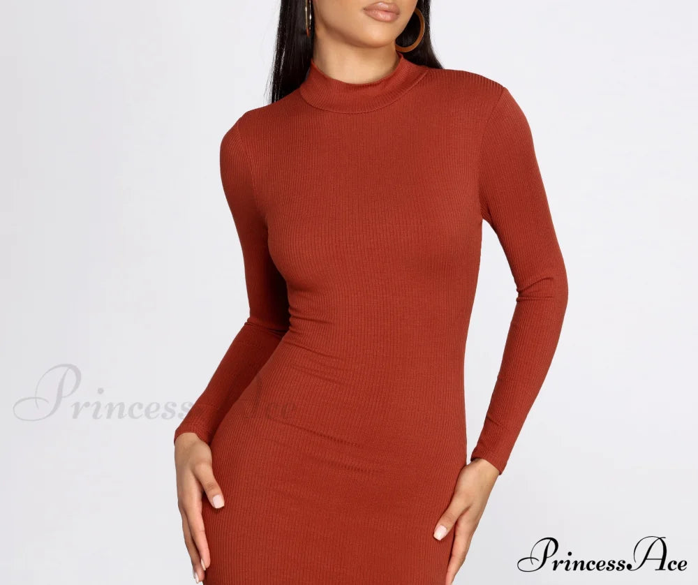 Ribbed Knit Mock Charming Neck Mini Dress T-Shirts