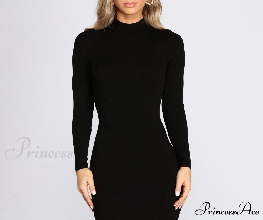 Ribbed Knit Mock Charming Neck Mini Dress T-Shirts