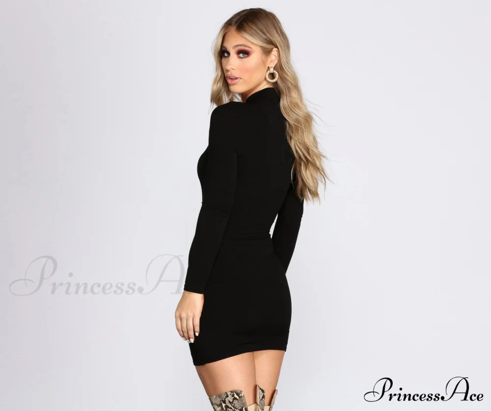 Ribbed Knit Mock Charming Neck Mini Dress T-Shirts