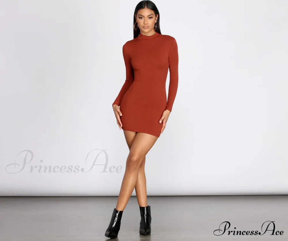 Ribbed Knit Mock Charming Neck Mini Dress T-Shirts