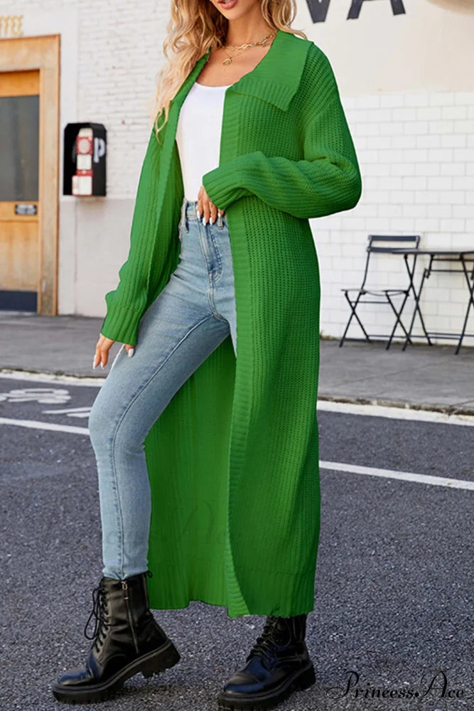 Ribbed Knit Open Front Cardigan With Lapel Green / S Cardigans