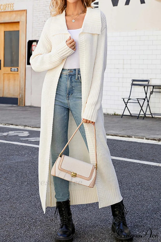 Ribbed Knit Open Front Cardigan With Lapel White / S Cardigans