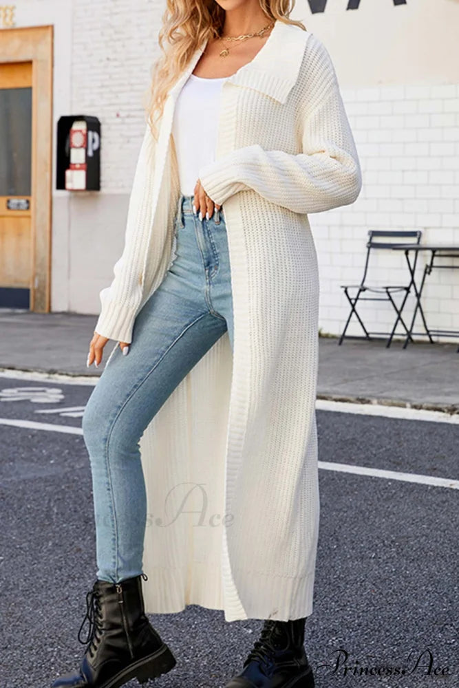 Ribbed Knit Open Front Cardigan With Lapel White / Xl Cardigans