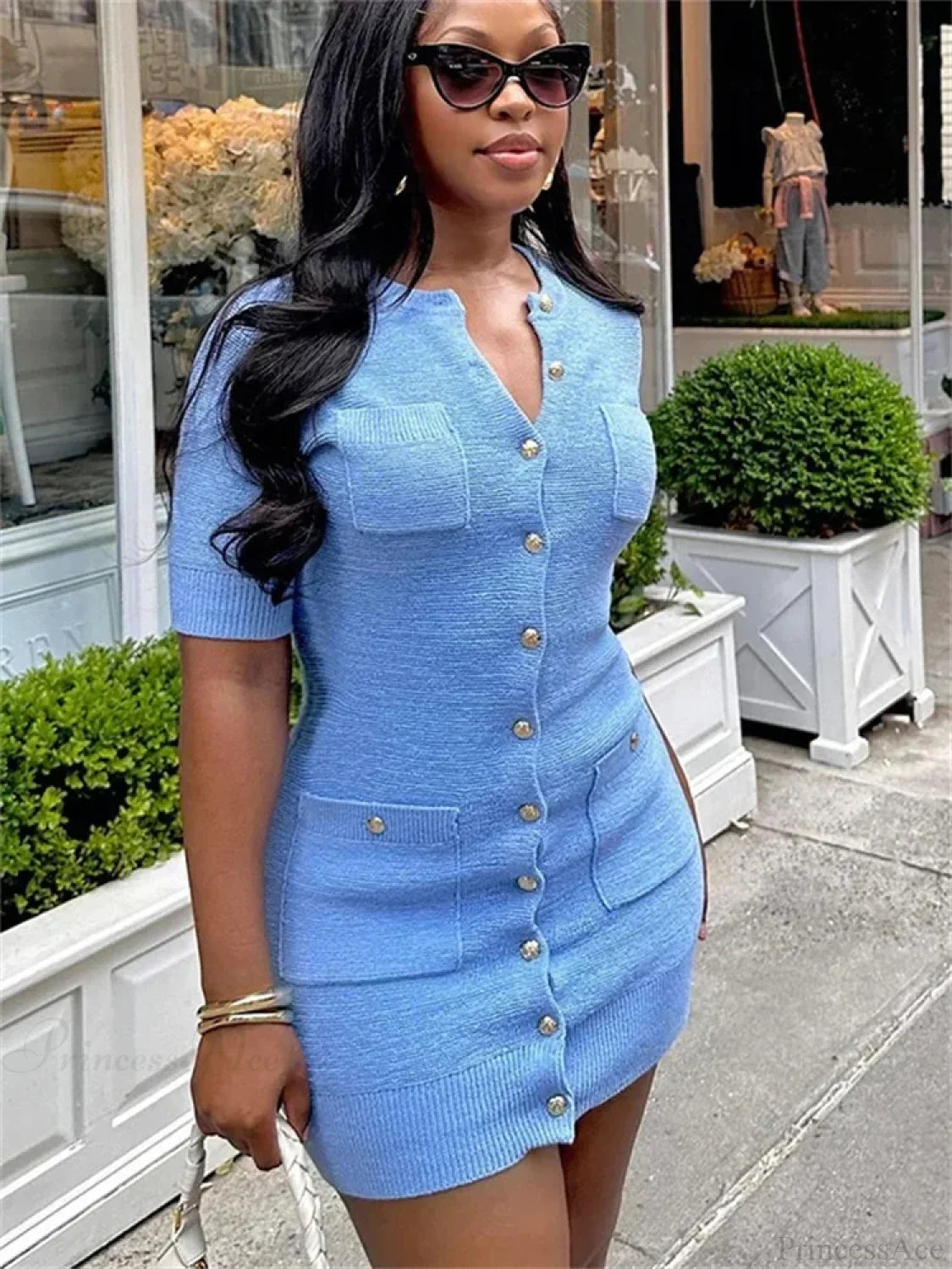 Ribbed Knit Pocket Mini Dress SKY BLUE / S minidress-250223