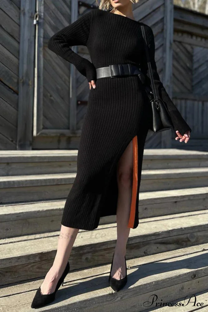 Ribbed Knit Side Slit Dress With Contrast Black / S Midi Dresses